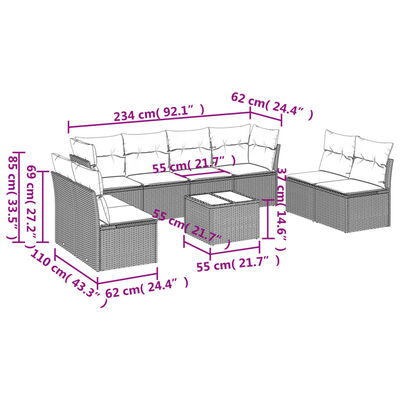 vidaXL Salon de jardin 9 pcs avec coussins gris résine tressée