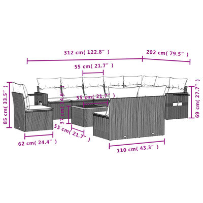 vidaXL Salon de jardin 11 pcs avec coussins gris résine tressée