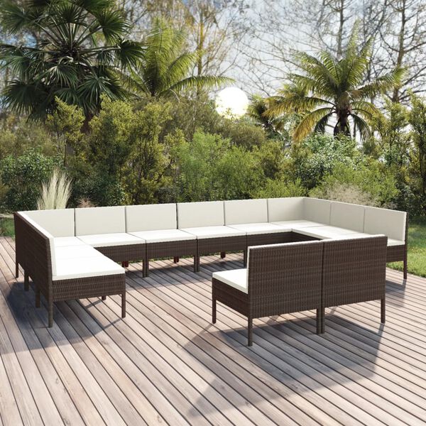 vidaXL Salon de jardin 12 pcs avec coussins R&eacute;sine tress&eacute;e Marron