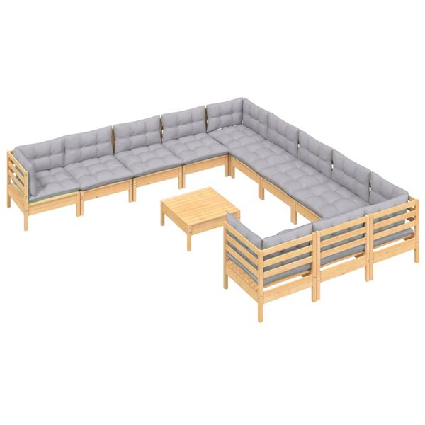 vidaXL Salon de jardin 12 pcs avec coussins gris Bois de pin