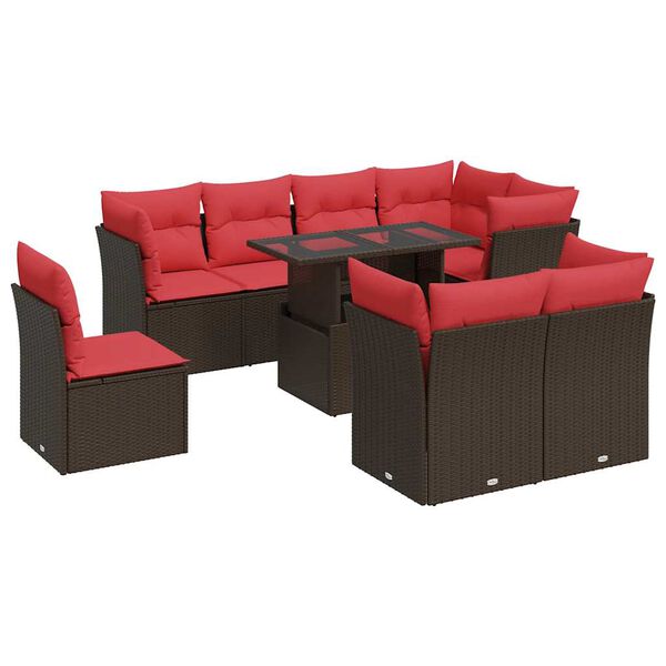 vidaXL Salon de jardin avec coussins 9pcs marron résine tressée acacia