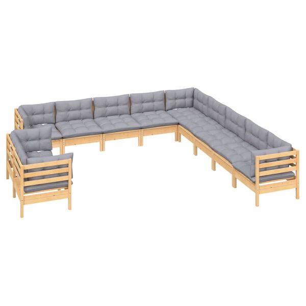 vidaXL Salon de jardin 11 pcs avec coussins gris Bois de pin solide