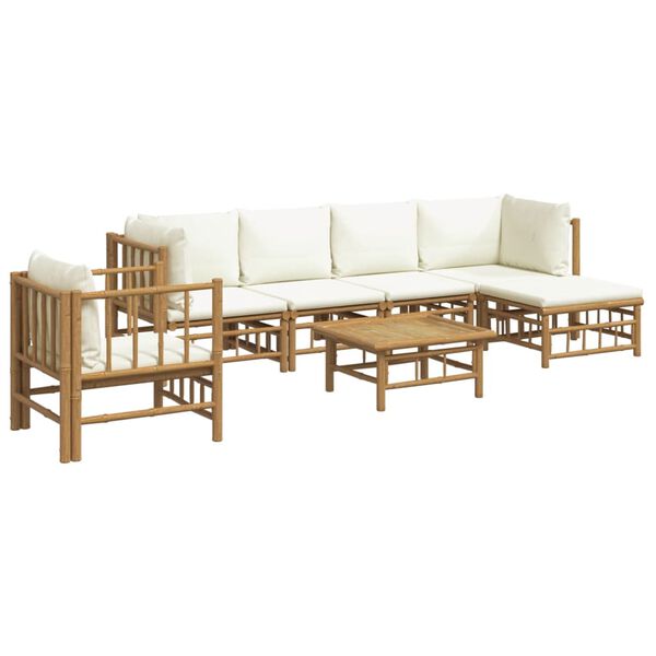 vidaXL Salon de jardin 7 pcs avec coussins blanc cr&egrave;me bambou