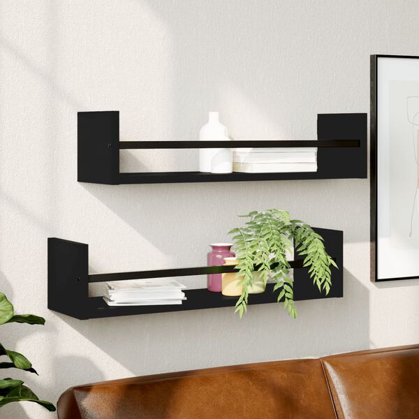 vidaXL &Eacute;tag&egrave;res murales avec barres 2 pcs noir 60x16x14 cm