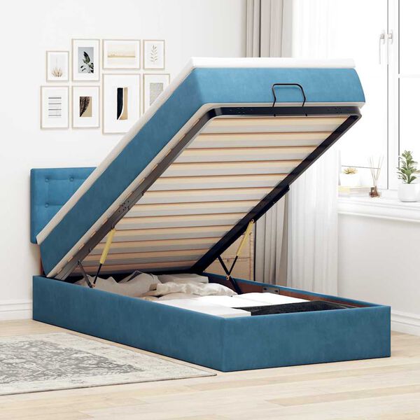 vidaXL Cadre de lit ottoman avec matelas bleu fonc&eacute; 90x200 cm velours