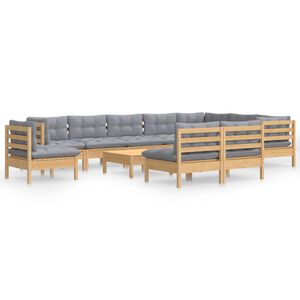 vidaXL Salon de jardin 11 pcs avec coussins gris Bois de pin solide