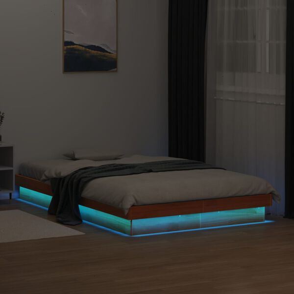 vidaXL Cadre de lit &agrave; LED sans matelas 135x190 cm bois massif