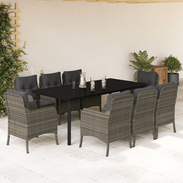 vidaXL Ensemble &agrave; manger de jardin 9 pcs coussins gris r&eacute;sine tress&eacute;e