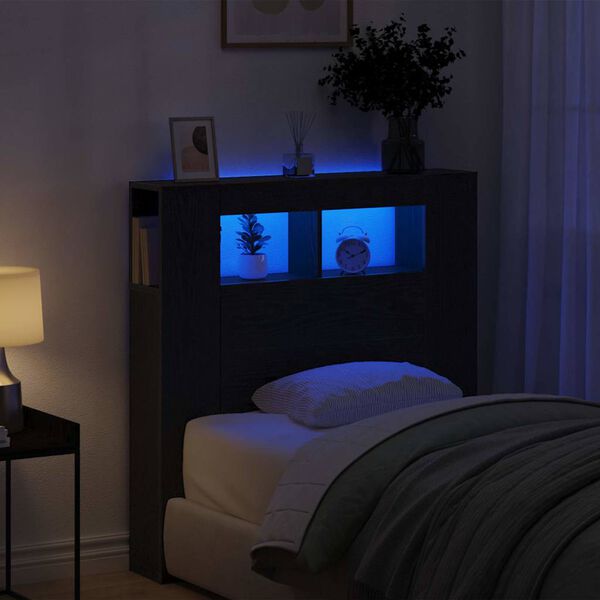 vidaXL T&ecirc;te de lit LED avec &eacute;tag&egrave;re Ch&ecirc;ne noir 100 x 18,5 x 103,5 cm