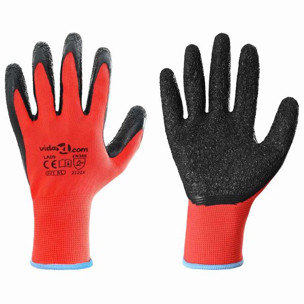 vidaXL Gants de Travail 12 pcs Rouge et Noir 9 / l Rev&ecirc;tement en latex