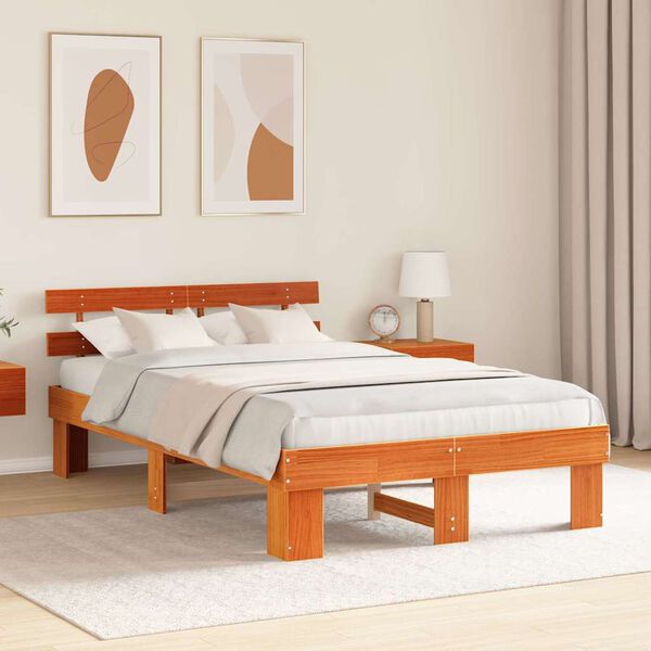 vidaXL Cadre de lit avec t&ecirc;te de lit Brun cire 120 x 190 cm Pin massif
