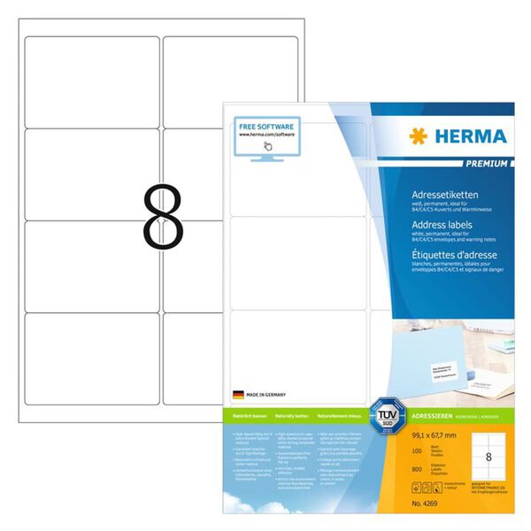 HERMA &Eacute;tiquettes d'adresse permanentes A4 99,1x67,7 mm 100 feuilles