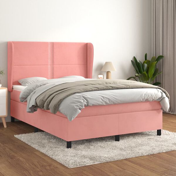 vidaXL Sommier &agrave; lattes de lit avec matelas Rose 140x200 cm Velours