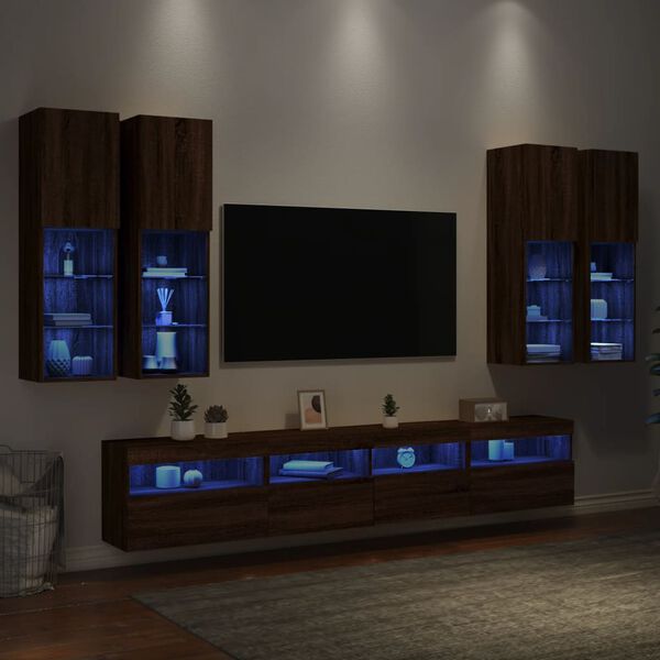 vidaXL Ensemble de meubles TV muraux 7pcs et lumi&egrave;res LED ch&ecirc;ne marron