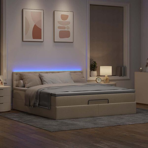 vidaXL Lit ottoman avec matelas et LED cr&egrave;me 180x200cm tissu