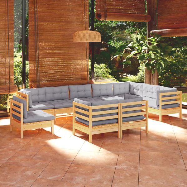 vidaXL Salon de jardin 10 pcs avec coussins gris bois de pin massif