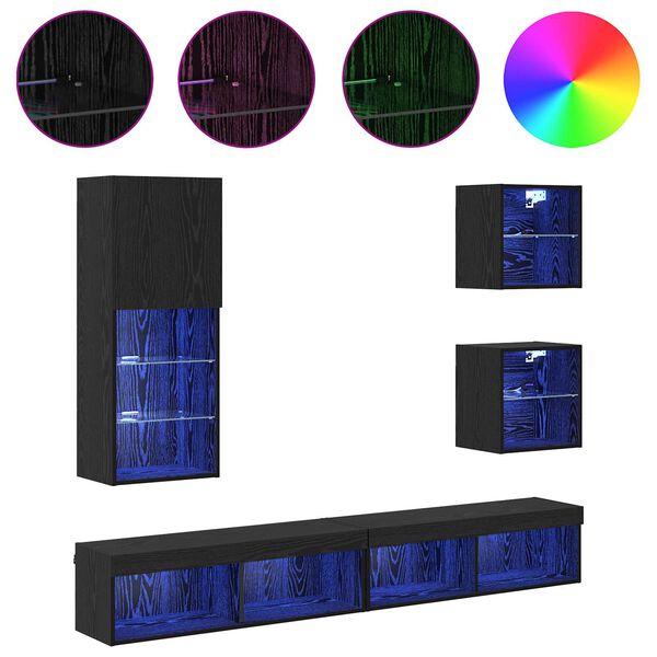 vidaXL Unit&eacute;s murales TV avec LED 5 pcs Ch&ecirc;ne noir Bois d'ing&eacute;nierie