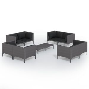 vidaXL Salon de jardin 9 pcs avec coussins R&eacute;sine tress&eacute;e Gris fonc&eacute;