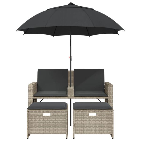 vidaXL Canapé de jardin 2 places et parasol tabourets gris clair rotin