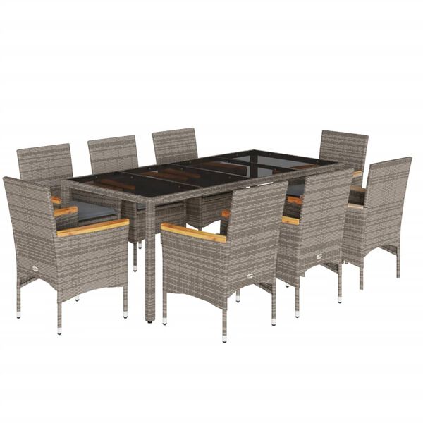 vidaXL Ensemble &agrave; manger de jardin et coussins 9 pcs gris rotin verre