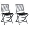 vidaXL Chaises pliantes (lot de 2) avec coussins, en bois d'acacia massif