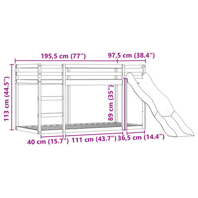 vidaXL Lit superposé sans matelas avec toboggan et rideaux 90x190 cm