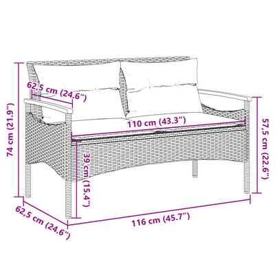 vidaXL Banc de jardin avec coussins 116x62,5x74 cm gris résine tressée