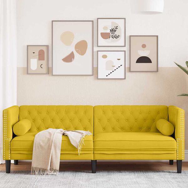 vidaXL Canap&eacute; Chesterfield avec traversins 3 places jaune velours