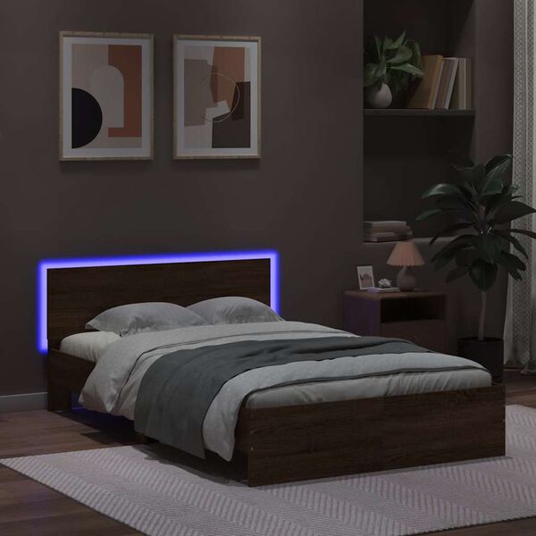 vidaXL Cadre de lit avec t&ecirc;te de lit et LED ch&ecirc;ne marron 135x190 cm