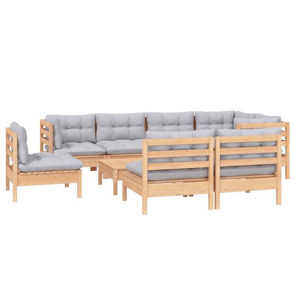 vidaXL Salon de jardin 9 pcs avec coussins gris bois de pin massif
