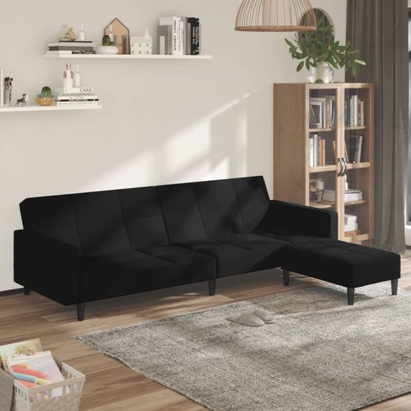 vidaXL Canap&eacute;-lit &agrave; 2 places avec tabouret Noir Tissu microfibre