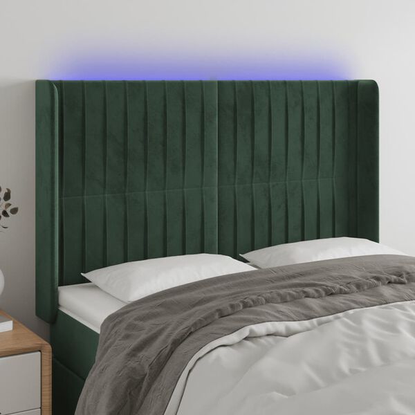 vidaXL T&ecirc;te de lit &agrave; LED Vert fonc&eacute; 147x16x118/128 cm Velours