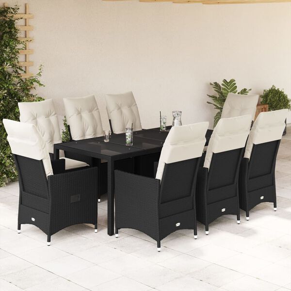 vidaXL Ensemble &agrave; manger de jardin 9pcs coussins noir r&eacute;sine tress&eacute;e