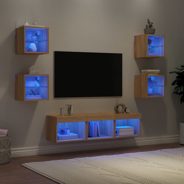 vidaXL Unit&eacute;s murales TV avec LED 7 pcs ch&ecirc;ne sonoma bois d'ing&eacute;nierie