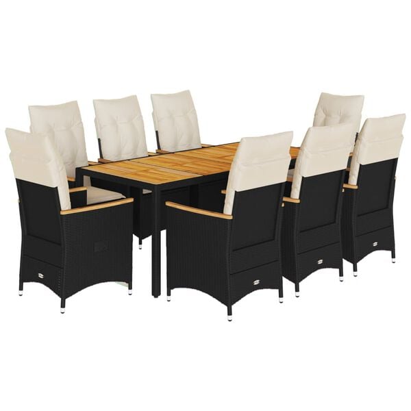 vidaXL Ensemble &agrave; manger de jardin 9pcs coussins noir r&eacute;sine tress&eacute;e