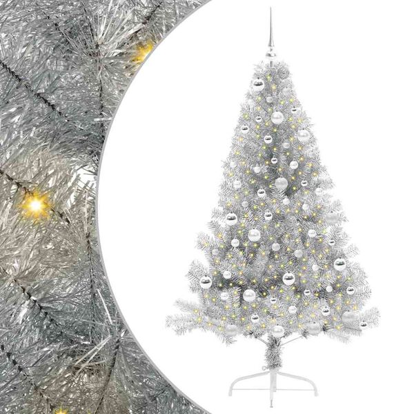 vidaXL Sapin de No&euml;l artificiel pr&eacute;-&eacute;clair&eacute; Argent 180 cm PET