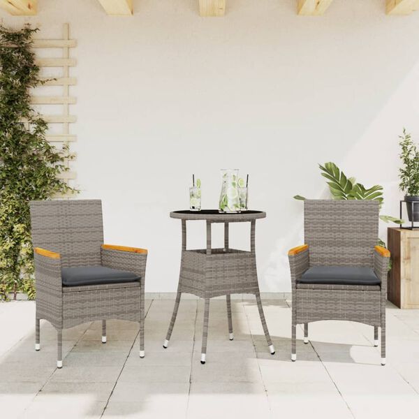 vidaXL Ensemble &agrave; manger de jardin et coussins 3 pcs gris rotin verre