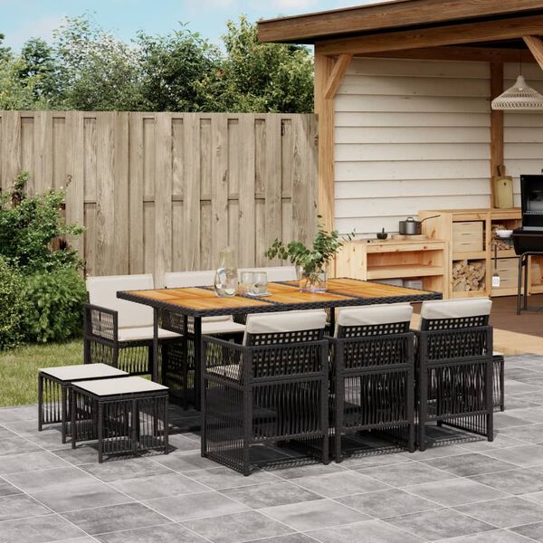 vidaXL Ensemble &agrave; manger de jardin 11 pcs coussins noir r&eacute;sine tress&eacute;e