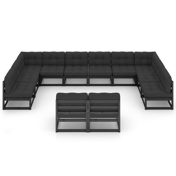 vidaXL Salon de jardin 12 pcs avec coussins Noir Bois de pin massif