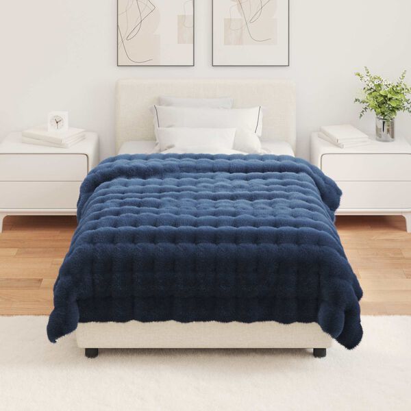 vidaXL Couverture en Fourrure de Lapin Synth&eacute;tique Bleu Marine