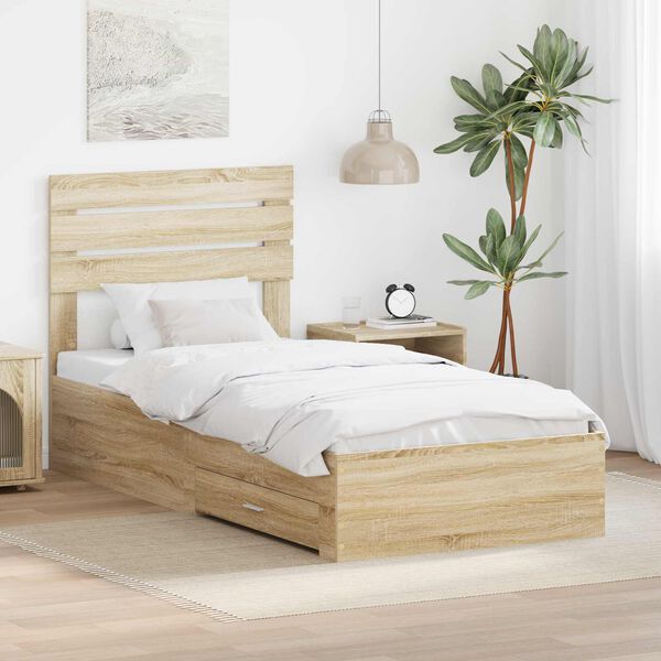 vidaXL Cadre de lit avec tiroir Sonoma Ch&ecirc;ne et Argent 75 x 190 cm