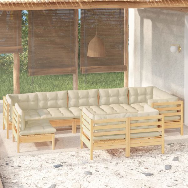 vidaXL Salon de jardin 9 pcs avec coussins cr&egrave;me bois de pin massif