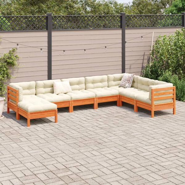 vidaXL Salon de jardin 8 pcs avec coussins marron cire bois pin massif