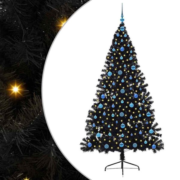 vidaXL Sapin de No&euml;l artificiel pr&eacute;-&eacute;clair&eacute; Noir 210 cm PVC