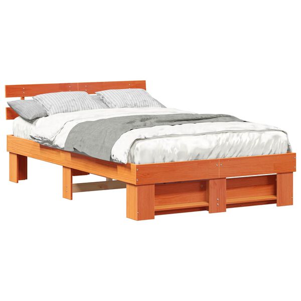 vidaXL Cadre de lit avec t&ecirc;te de lit Brun cire 135 x 190 cm Pin massif