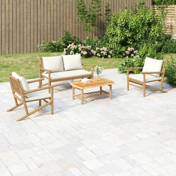vidaXL Salon de jardin 4 pcs avec coussins blanc crème bambou