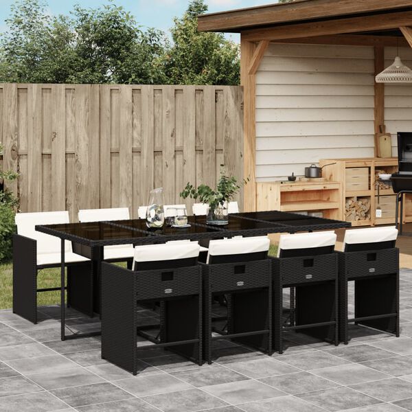 vidaXL Ensemble &agrave; manger de jardin 9pcs coussins noir r&eacute;sine tress&eacute;e
