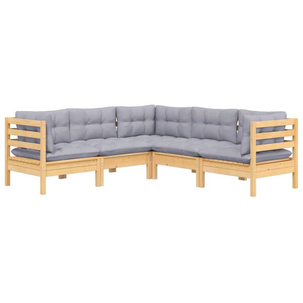 vidaXL Salon de jardin 5 pcs avec coussins gris bois de pin massif