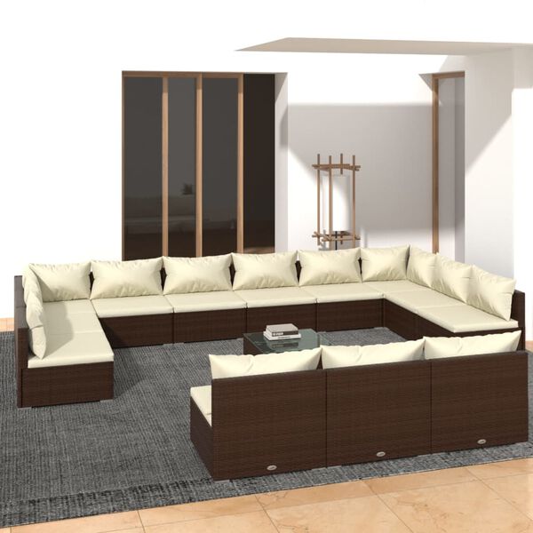 vidaXL Salon de jardin 14 pcs avec coussins Marron R&eacute;sine tress&eacute;e