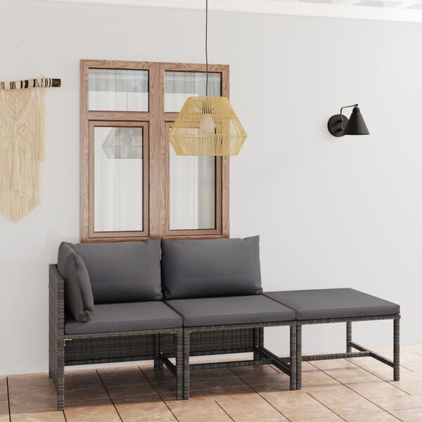 vidaXL Salon de jardin 3 pcs avec coussins R&eacute;sine tress&eacute;e Gris